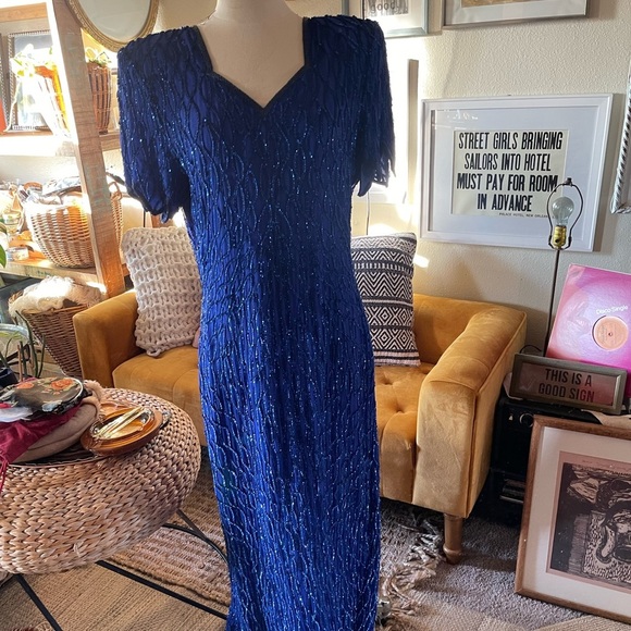 Vintage gatsby style beaded maxi gown 80s laurence kazar Blue 100% Silk dress - Picture 5 of 10